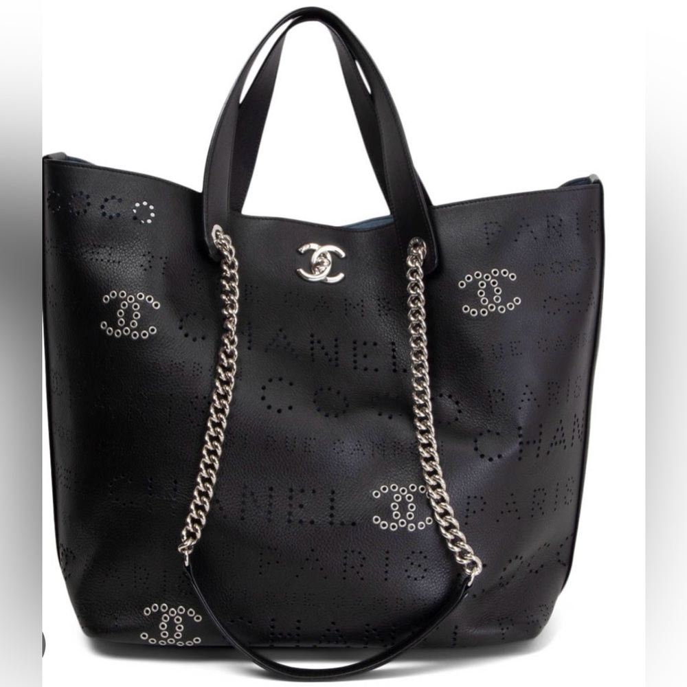 Chanel 2019 Eyelet shopping tote with silver hardware excellent used condition